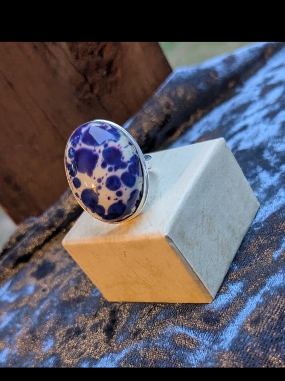 Handcrafted Mosaic Blue & White Oval Bohemian Ring (9)Unique